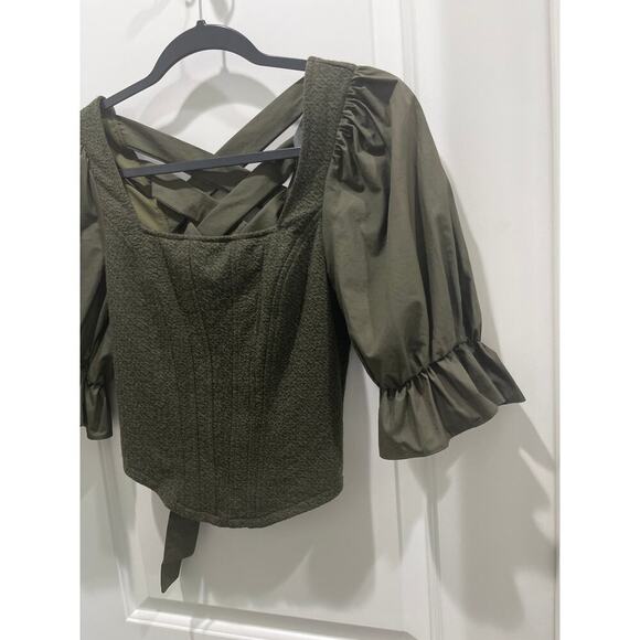NWT Sunday in Brooklyn Anthropologie Tie-Back Corset Top Puff Sleeve Olive Sz XS - Picture 3 of 8